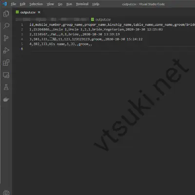 CSV output showing processed check-in results.
