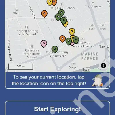 Gamified check-in screen for Heritage Activation Nodes at Katong Joo Chiat.